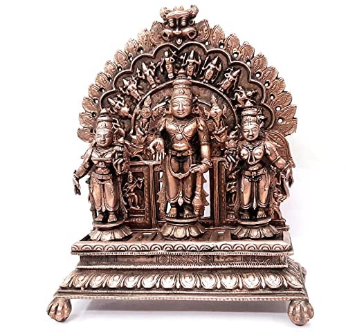 Srinivasa Perumal Copper Idol Set with Sridevi, Bhudevi & Dasavadhara Prabhavali, 7.2 Inches, 1.82 Kg, Antique Finish, Set of 4