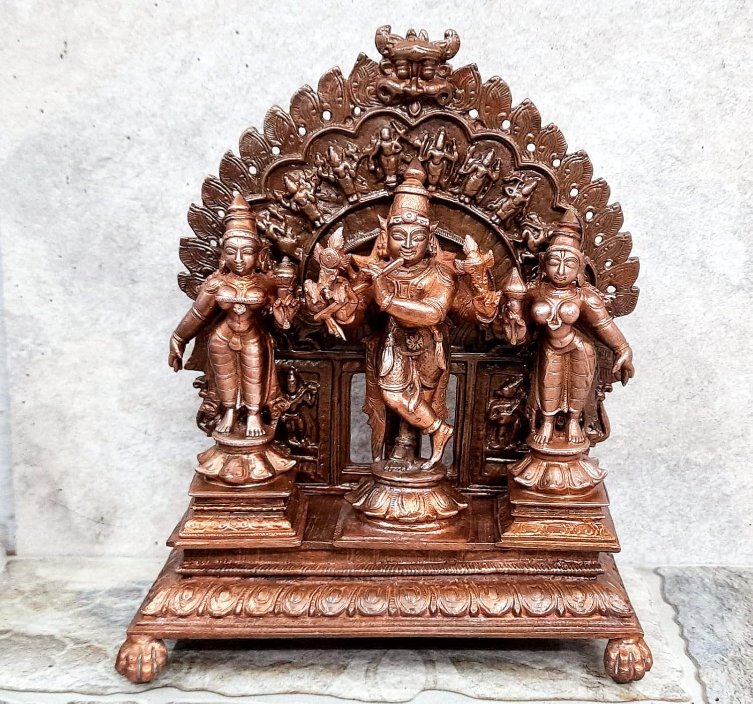 Brownish-Orange Copper Venugopala with Sridevi, Bhudevi & Dasavathara Prabhavali, 7.2 Inches, 1.72 Kg, Antique Patina Finish, Set of 4 Pieces