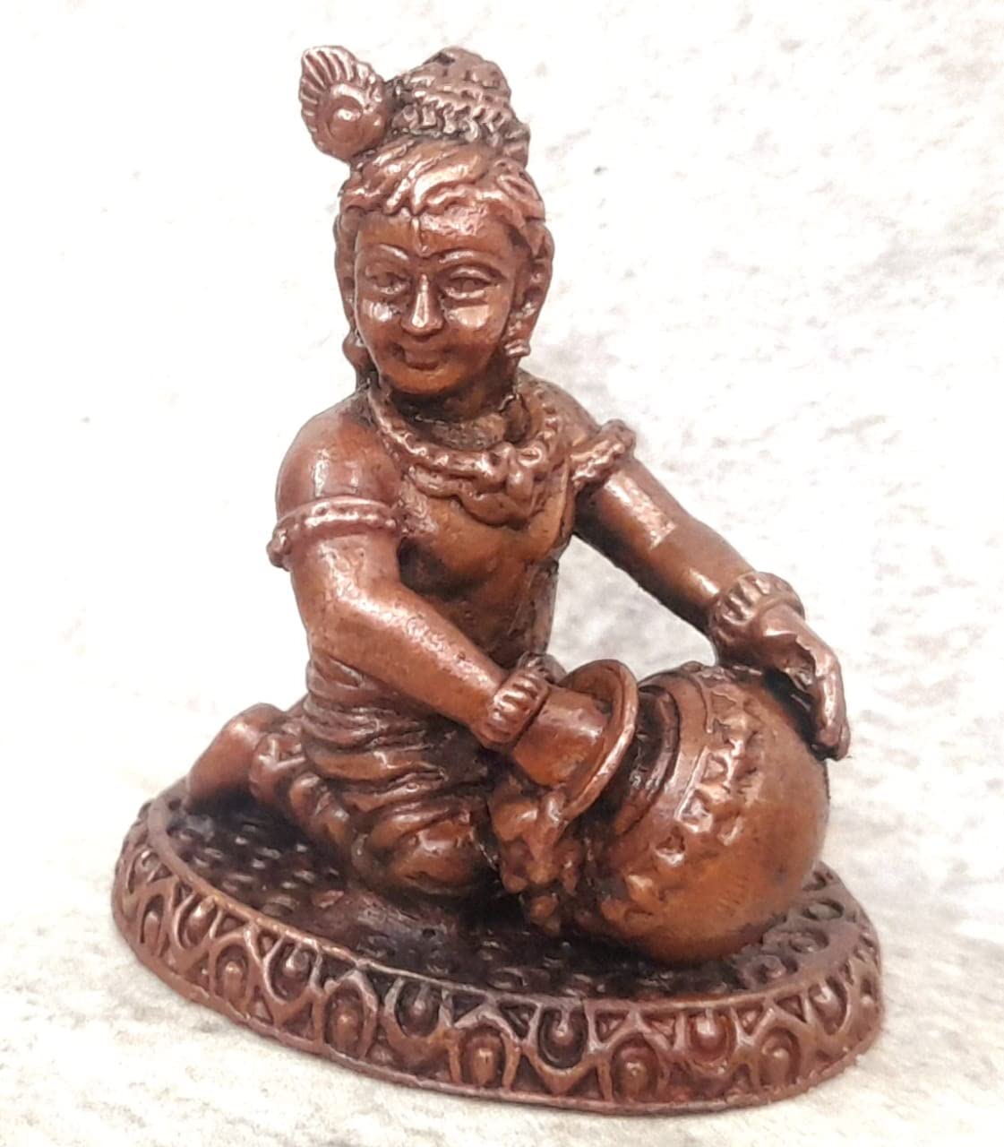 Brownish-Orange Copper Sitting Krishna Idol Stealing Butter, 1.8 Inches, 85g, Antique Patina Finish, Single Piece