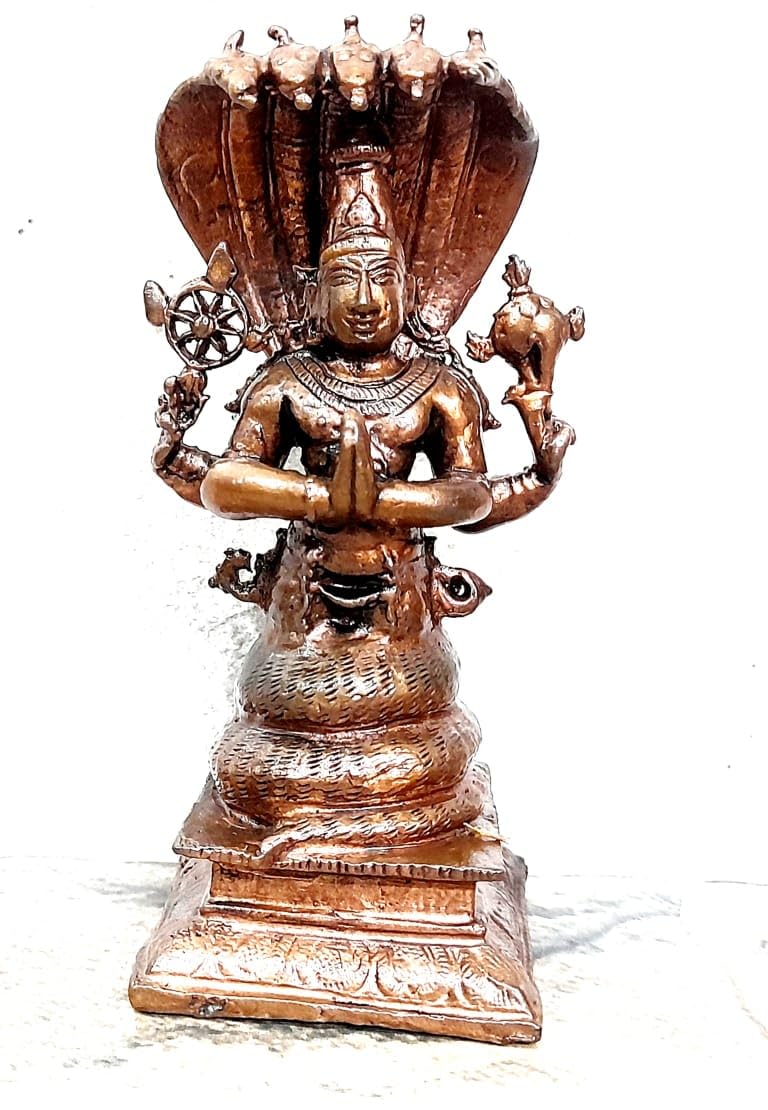 Brown Copper Idols Of God Maha Vishnu Standing In Adisesha, 4.4 Inches, 410G, Handmade, Pack Of 1Piece