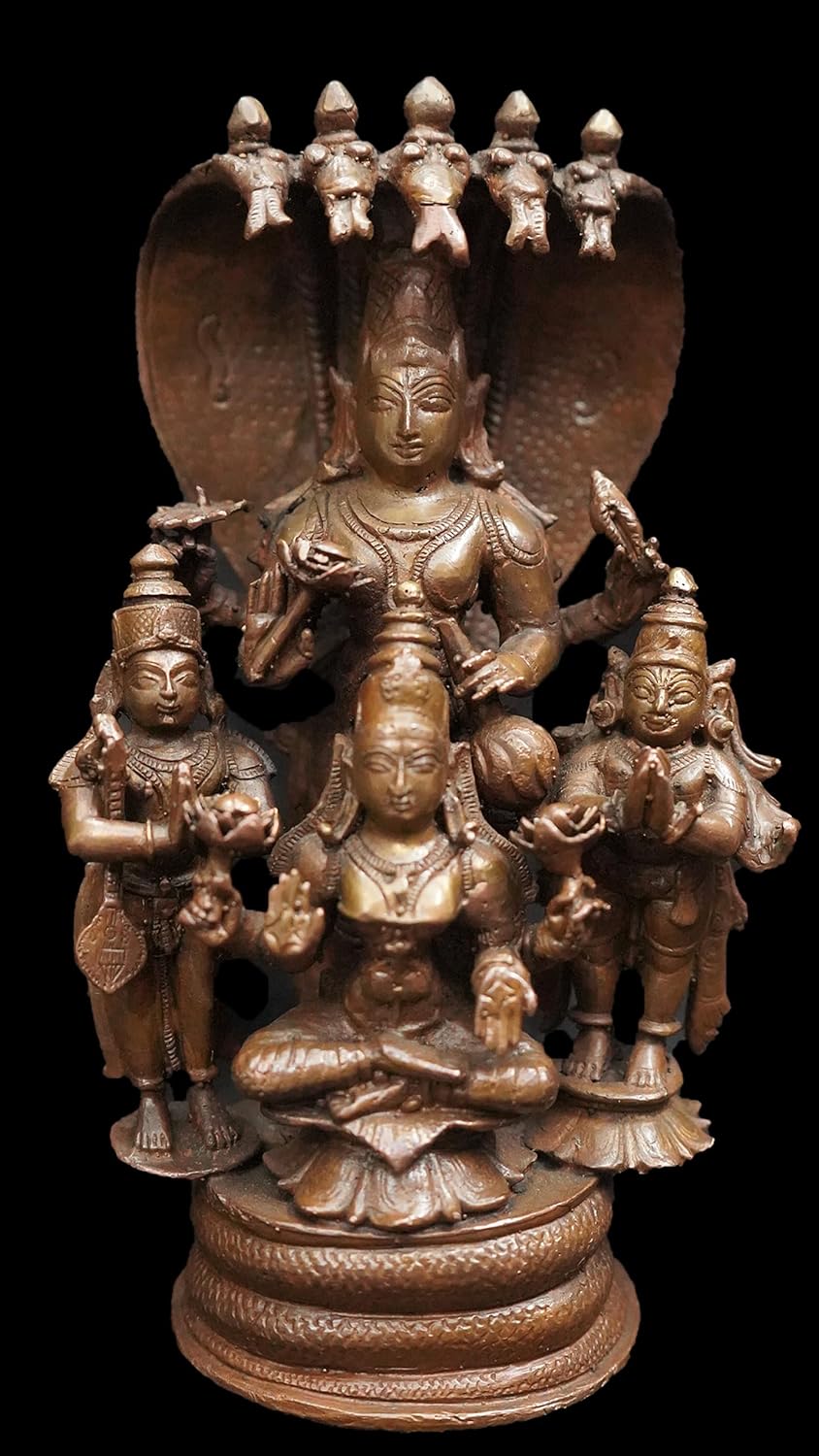 Brownish-Orange Copper Lakshmi Narayana Idol with Mahalakshmi, Adishesha & Garuda, 19 cm, 2.223 kg, Antique Finish