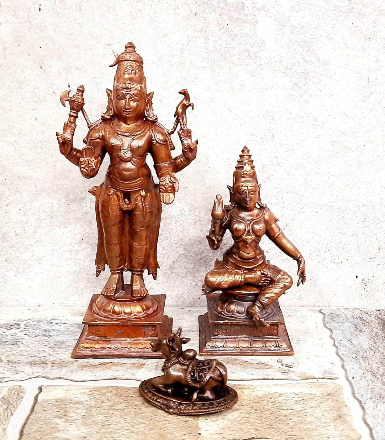 Shiva Parvati with Nandhi Copper Idol Set, 6.3 Inches, 1.201 Kg, Antique Patina Finish, Pack of 3 by Searchers Paradise