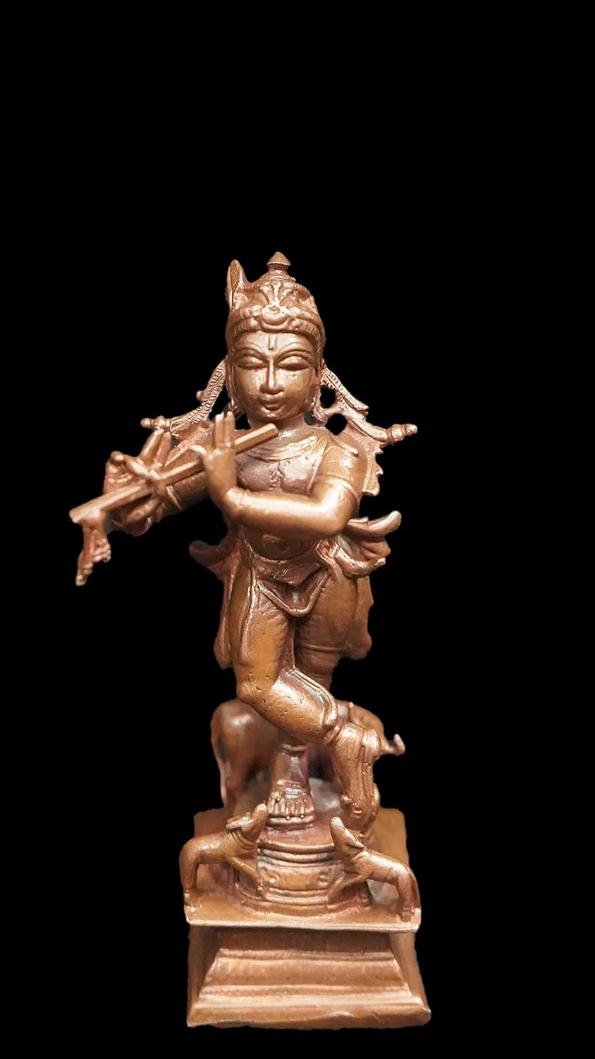 Brownish-Orange Copper Idols India, 3.7 Inches, Handmade God Krishna 185 Gram, Patina Antique Finish, Pack Of 1 Piece