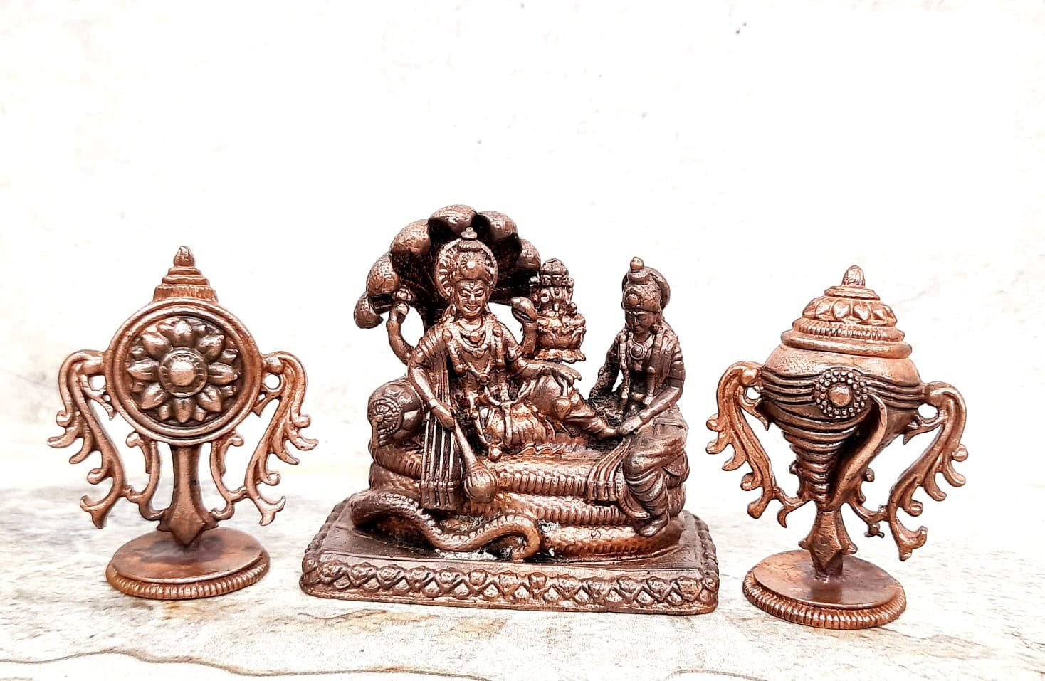 Vishnu with Mahalakshmi on Adisesha Copper Idols, 2.3 Inches, 320g, Antique Finish, Set of 3