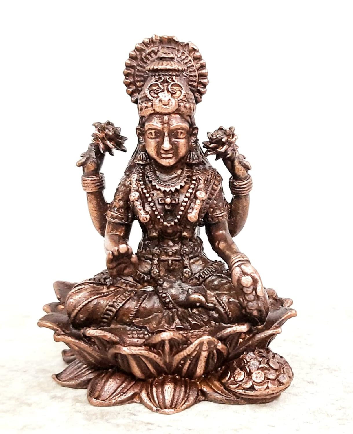 Handmade Mahalakshmi Brownish-Orange Copper Idol, 145G, Patina Antique Finish