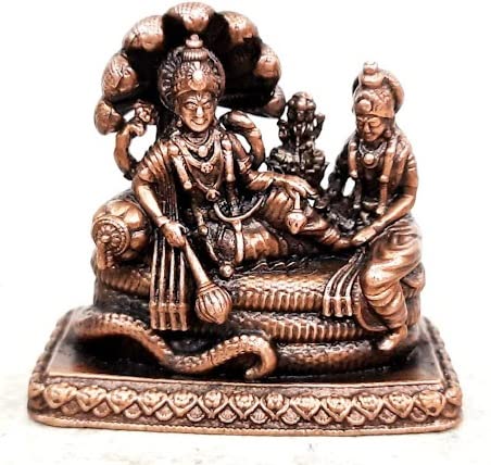 Brownish-Orange Copper Vishnu with Mahalakshmi on Adisesha, 2.1 Inches, 250g, Antique Patina Finish, Handmade, Pack of 1