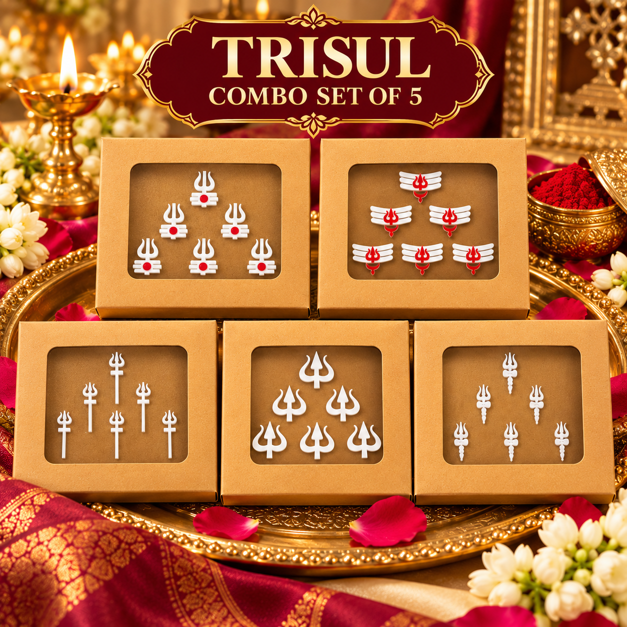 Trisul Bindi Combo Set of 5 pack - Divine Trishul Designs | Traditional Spiritual Forehead Bindis (Pack of 25)