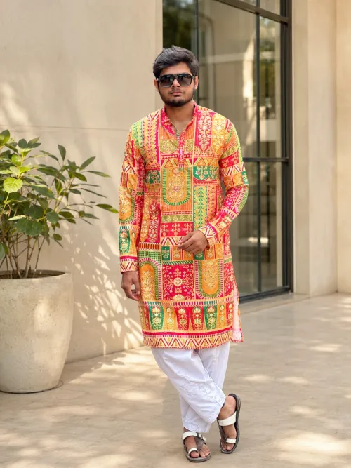 Regal Printed Patchwork Kurta with Dhoti Set