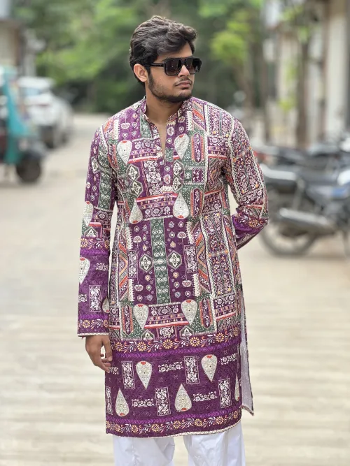 Royal Purple Printed Kurta with Dhoti Set