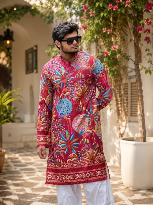 Maroon Peacock Printed Kurta with Dhoti Set