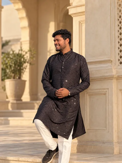 Black Mirror Print Kurta with Dhoti Set