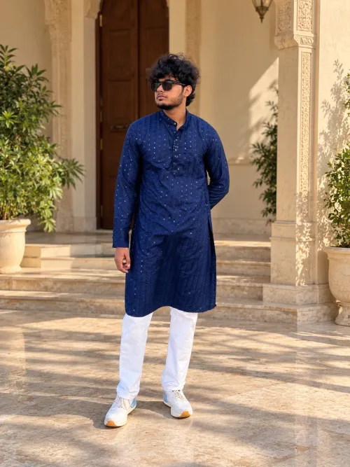 Navy Blue Sequin Printed Kurta with Dhoti Set