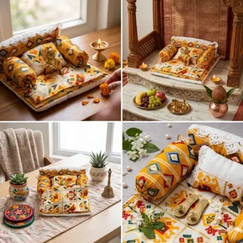 Laddu Gopal Ji Pure Cotton Bister Set with Gadda, Size 0 to 6 (12x14), Random Colour & Design