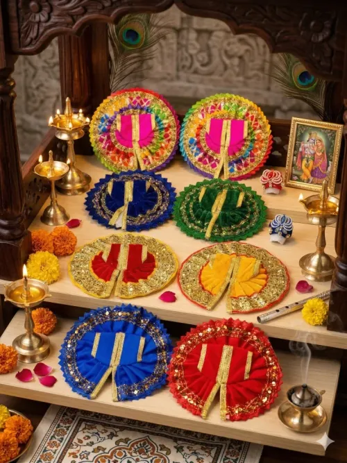 Laddu Gopal Poshak Combo Set with 8 Dresses and 2 Mukuts, Size 2