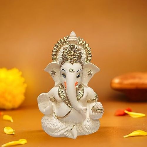 Silver Plated Ganesha Idol, Peach Ivory Hand Painted, 4 Inch