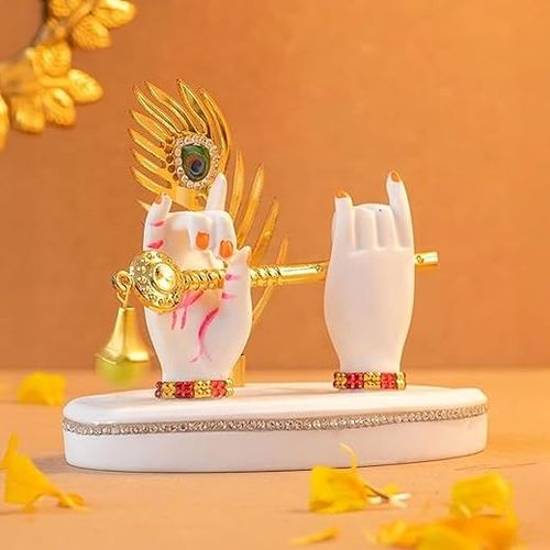 Krishna Hand with Flute & Mor Pankh White Marble Tabletop Decor