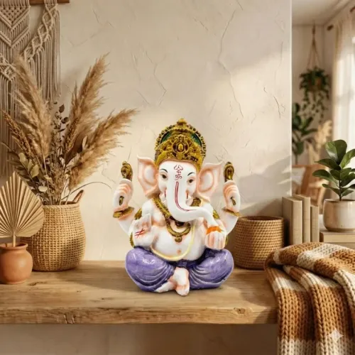 White Marble Finish Lord Ganesha Idol with Purple & Gold Accents (13.5 cm)