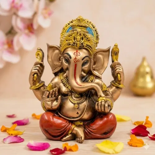 Lord Ganesha Idol with Blue Halo, Antique Bronze Finish, 13.5 cm