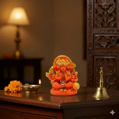 Panchmukhi Hanuman Idol in Saffron & Gold Finish, 10 cm