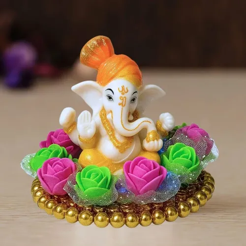 Lord Ganesha Idol on Decorative Flower Plate