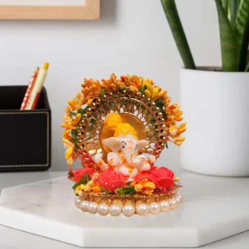 Lord Ganesha Idol with Golden Circular Arch and Pearl Bead Plate