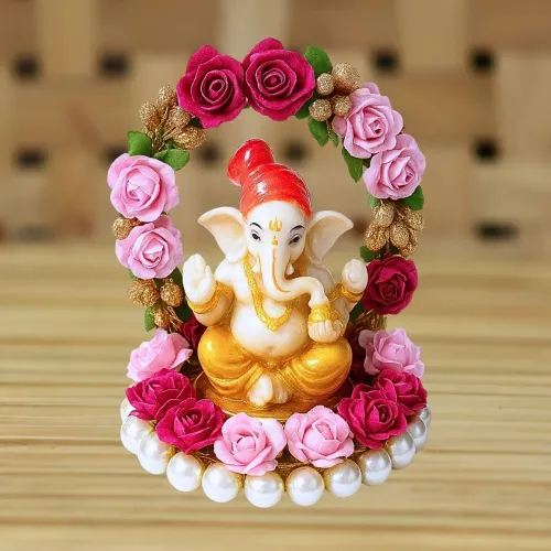 Lord Ganesha Idol with Floral Arch and Pearl Bead Plate