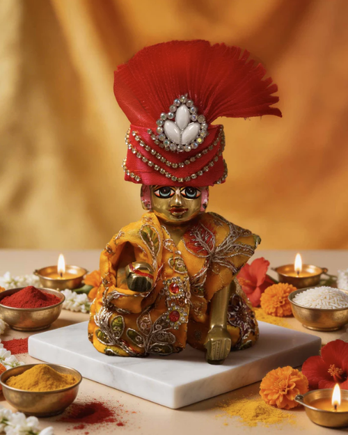 Navratri Shakti Yellow Red Jacket Dress For Laddu Gopal Ji