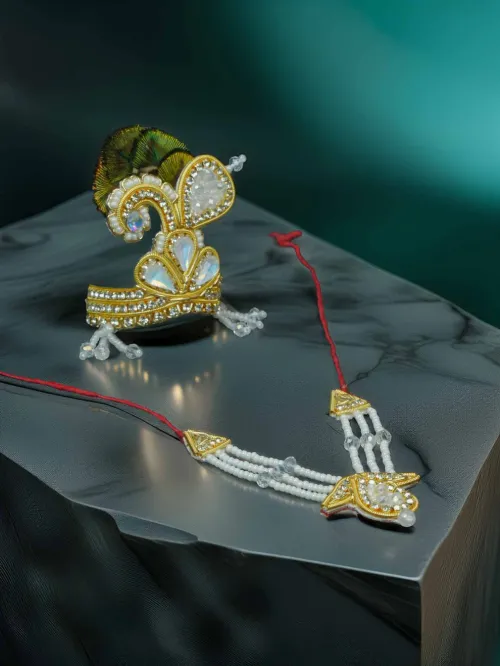 Shri Manohar White Mukut Mala Shringar Set for Thakurji