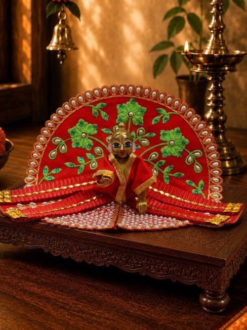 Red Fancy Poshak for Laddu Gopal Ji with Attached Patka
