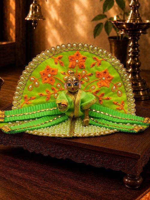 Green Fancy Poshak for Laddu Gopal Ji with Attached Patka