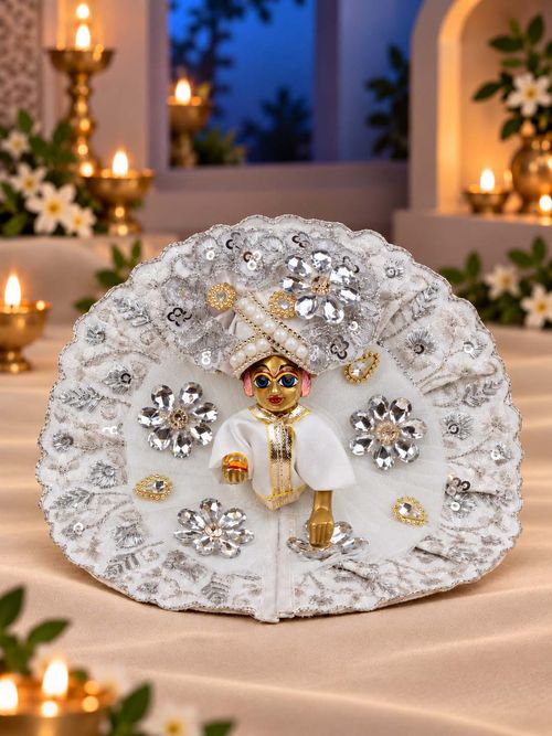Chandramahima Heavy 3 Pc Laddu Gopal Gol Poshak with Silver Embroidery, Crystal & Pearl Work