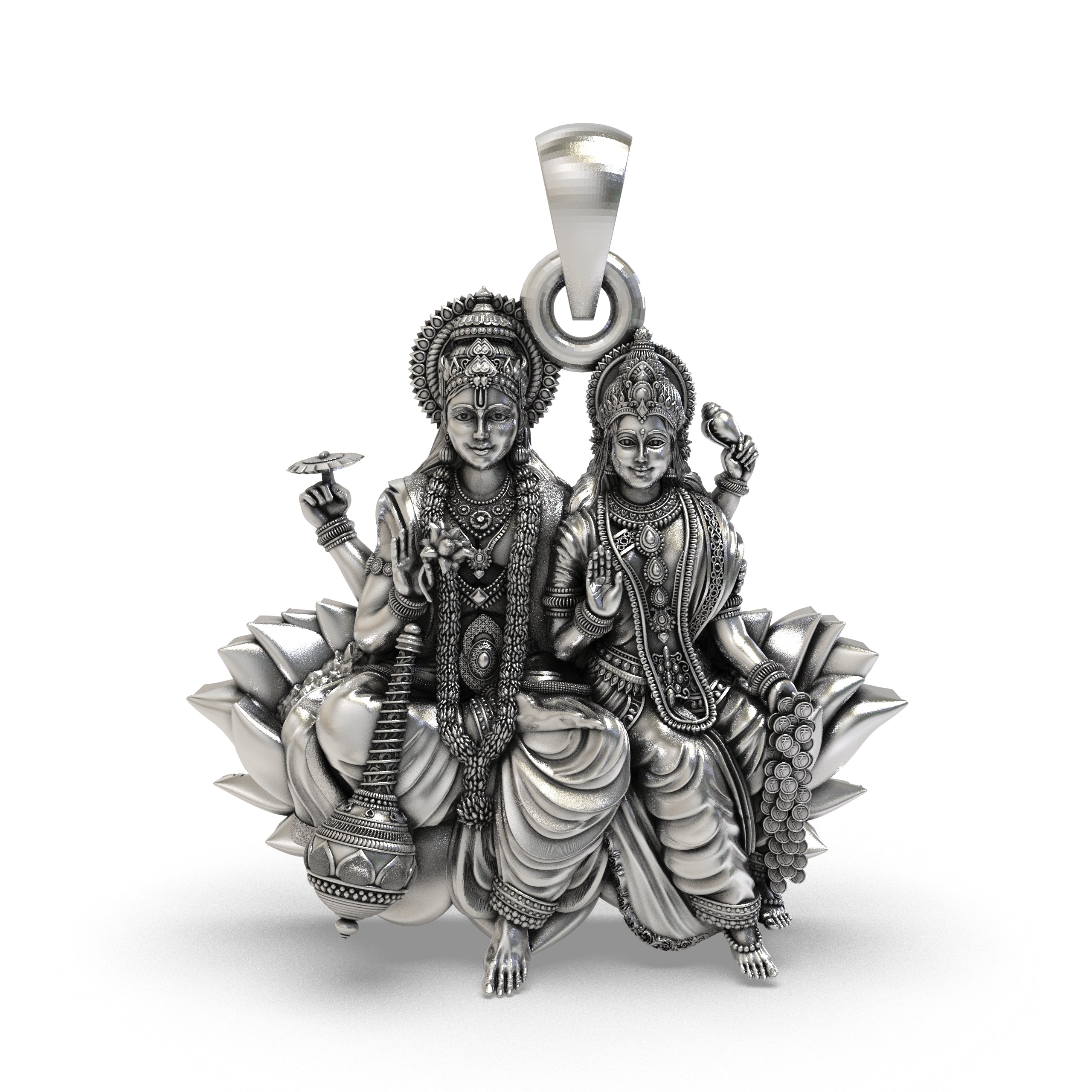 925 Silver Lakshmi Narayan Pendant – Vishnu & Lakshmi Seated on Lotus, Chakra & Shankh Detailing, product image