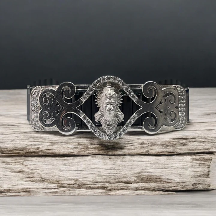 925 Silver Hanumanji Bracelet | Intricate Mina Work, Diamond Accents, Spiritual Hindu Jewelry product image