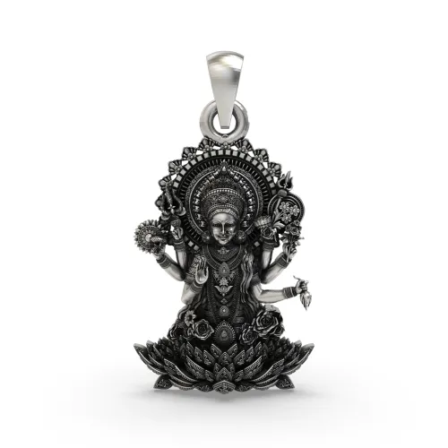 925 Silver Lakshmi Maa Pendant – Multi-Armed Goddess on Lotus with Floral Halo & Blessing Hand, 