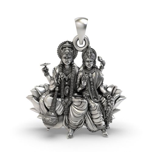 925 Silver Lakshmi Narayan Pendant – Vishnu & Lakshmi Seated on Lotus, Chakra & Shankh Detailing, 