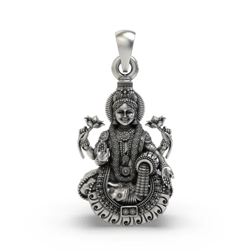 925 Silver Lakshmi Maa Pendant – Four-Armed Goddess on Lotus with Coin Garland & Blessing Hand 
