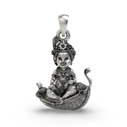925 Silver Bal Krishna (Laddu Gopal) Pendant –Baby Krishna on Peepal Leaf with Peacock Feather Crown