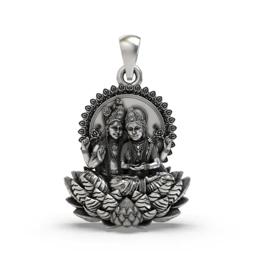 Lakshmi Narayan 925 Silver Pendant | Divine Couple on Lotus | Unisex Spiritual Jewellery 