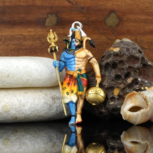 925 Silver Shiv and Hanumanji Pendant | Premium Mina Work | Hindu God Jewelry