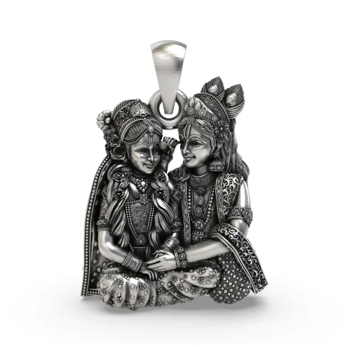 925 Sterling Silver Radha Krishna Seated Love Pendant – Handcrafted Vrindavan Idol Necklace