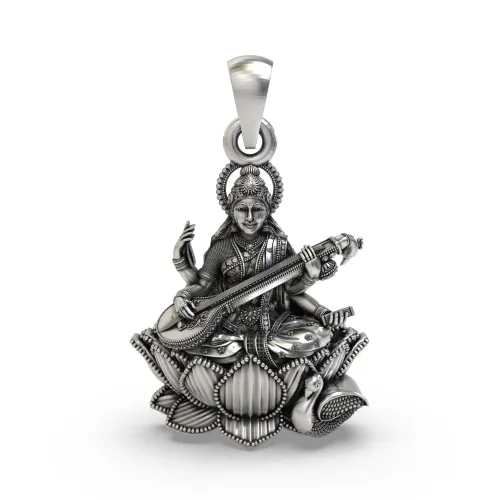 925 Sterling Silver Goddess Saraswati Pendant – Veena on Lotus with Swan Idol Necklace