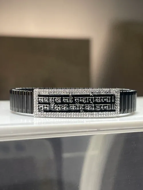 Hanuman Chalisa Bracelet – 925 Silver Black Kada with Mantra Engraving | Spiritual Men’s Kada 