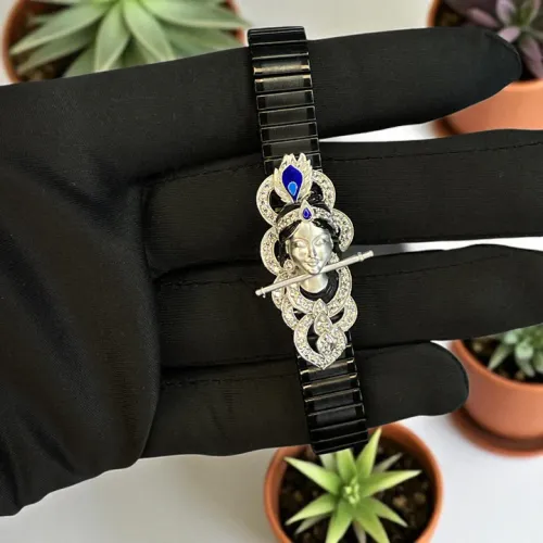 Divine 925 Silver Krishna Bracelet with Stone & Enamel Work – Spiritual Elegance