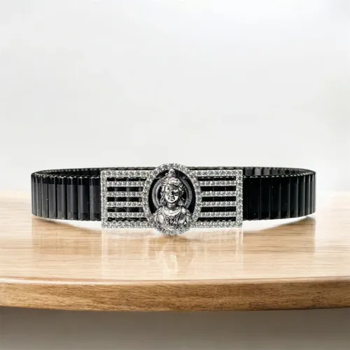 925 Silver Ram Lalla Bracelet | Divine Child Lord Ram Motif with Iced Border | Black Stainless-Steel