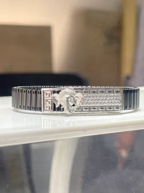Lord Ganesha Bracelet for Men | 925 Silver Black Kada with Ganpati Design 