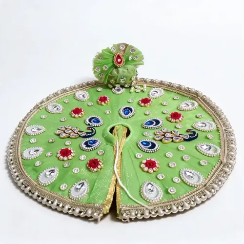 Green Laddu Gopal Ji Poshak with Mukut – Net Fabric Deity Dress