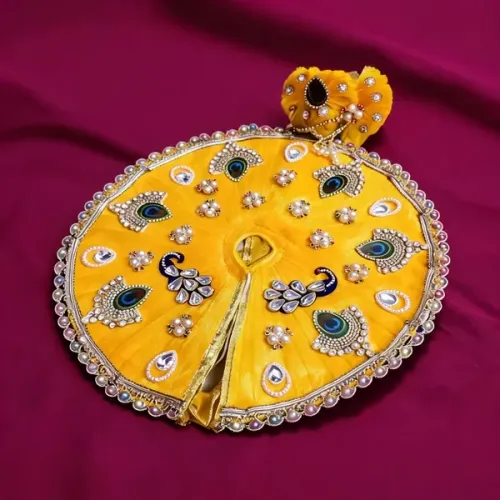 Yellow Laddu Gopal Ji Poshak with Pagdi – Net Fabric Idol Dress Set, Pack of 2