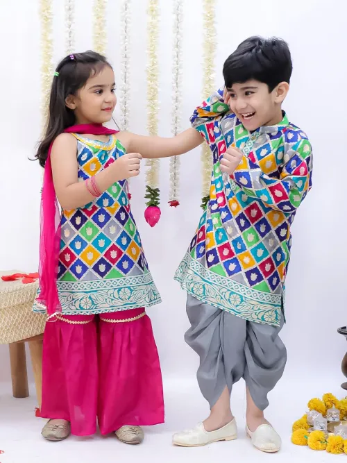 Sitara Printed Kurti Sharara with Dupatta Set for Girls Pink and Kurta Dhoti Set for Boys Grey