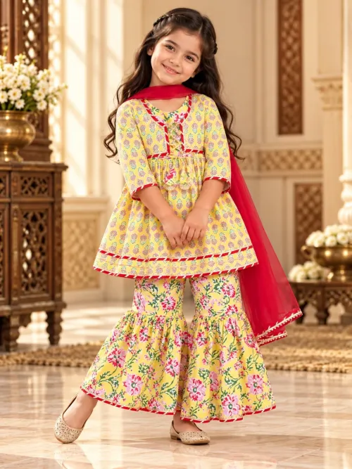 Girls Floral Cotton Kurti Sharara Set with Dupatta – Full Sleeves, Lemon Yellow