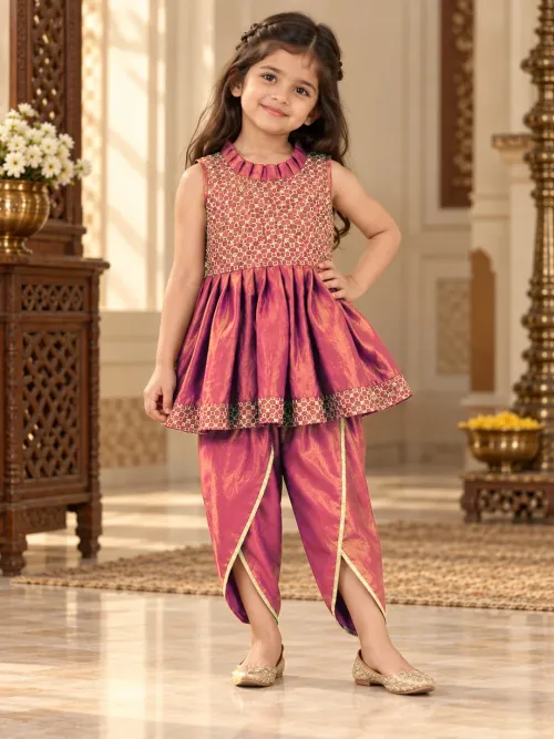 Anmol Nytara Sleeveless Embroidered Peplum Kurti With Dhoti Set Brown